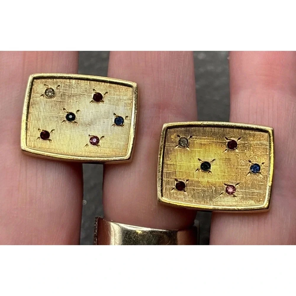Vintage 12K Gold Filled Cufflinks Multicolor Rhinestone Modernist MCM Design